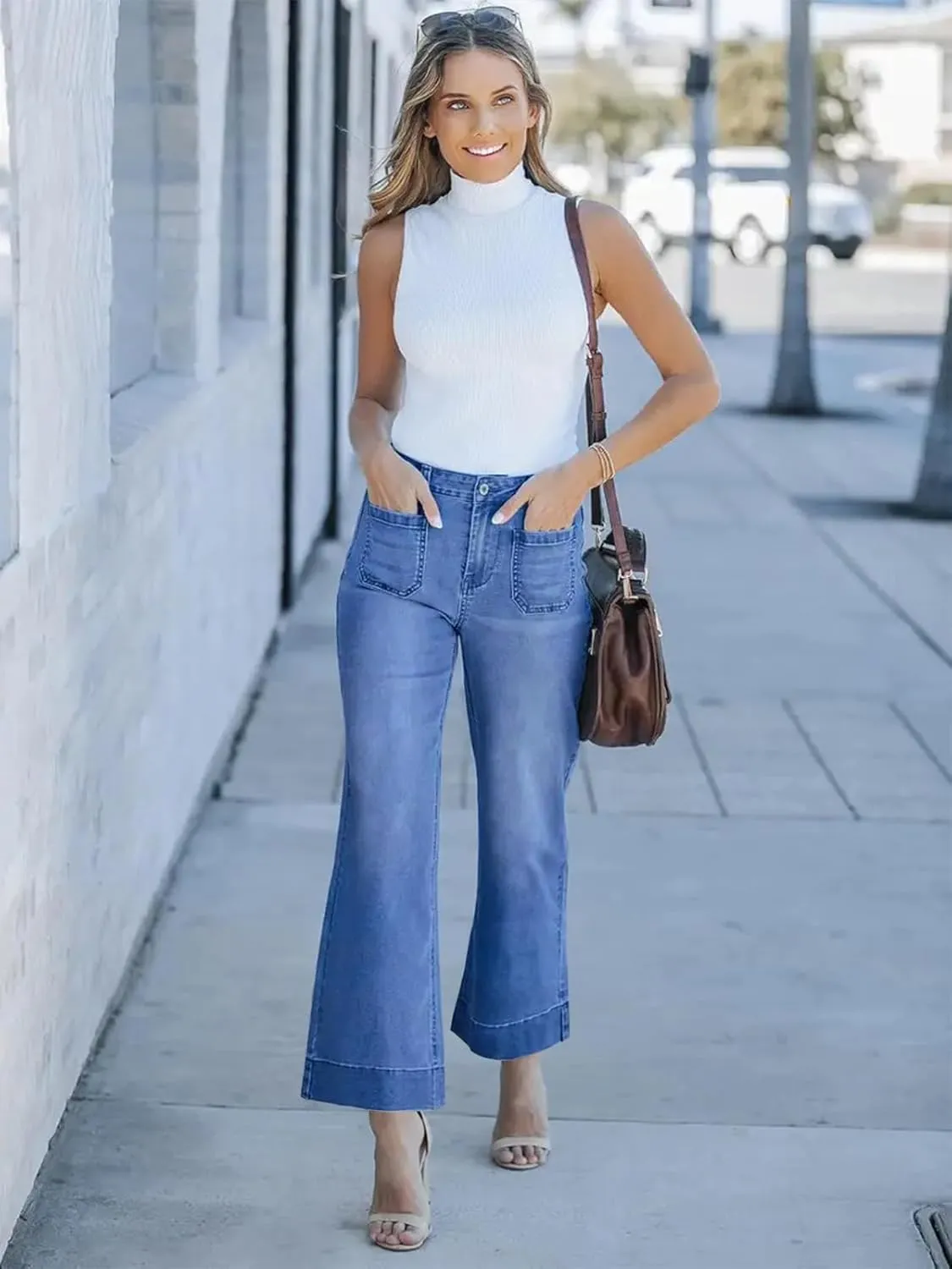 KUNMI Women's Wide Leg High Waisted Stretchy Straight Leg Jeans Baggy Loose Trendy Denim Pants