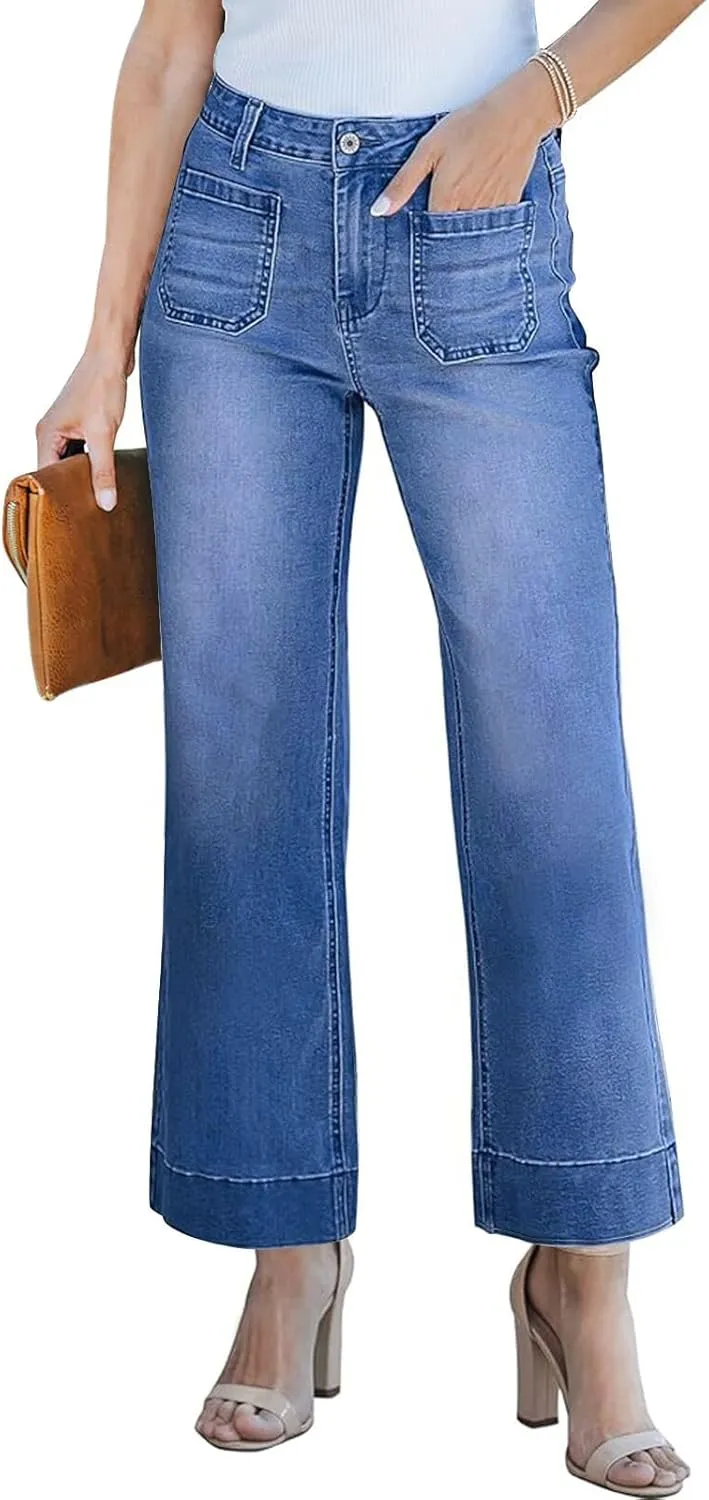 KUNMI Women's Wide Leg High Waisted Stretchy Straight Leg Jeans Baggy Loose Trendy Denim Pants