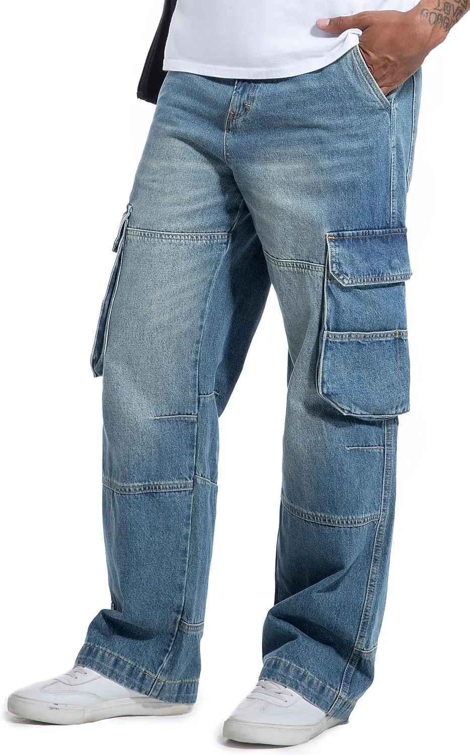 Men's Non-Stretch Loose Fit Wide-Leg Baggy Cargo Jeans Pants