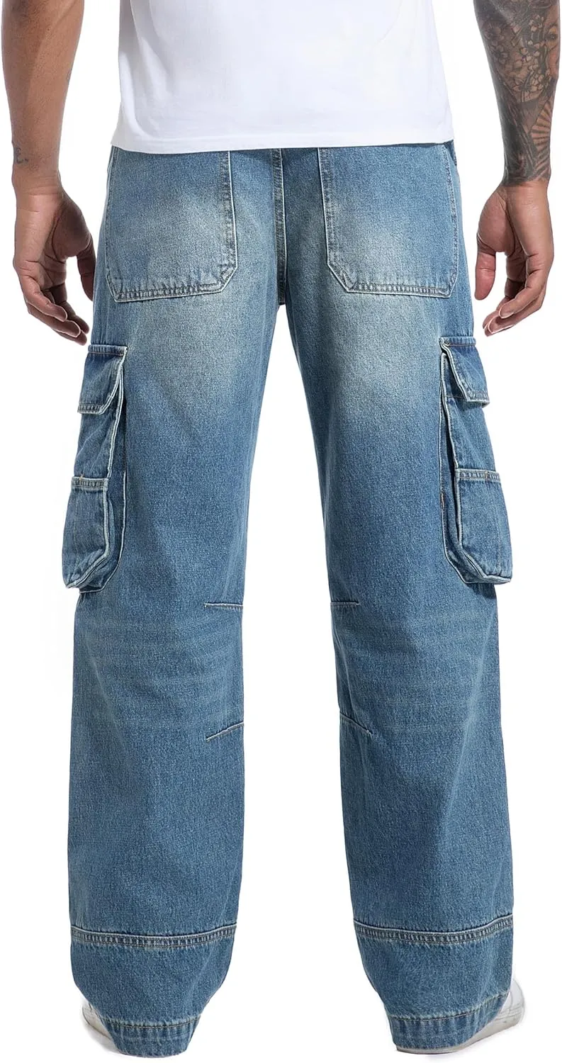 Men's Non-Stretch Loose Fit Wide-Leg Baggy Cargo Jeans Pants