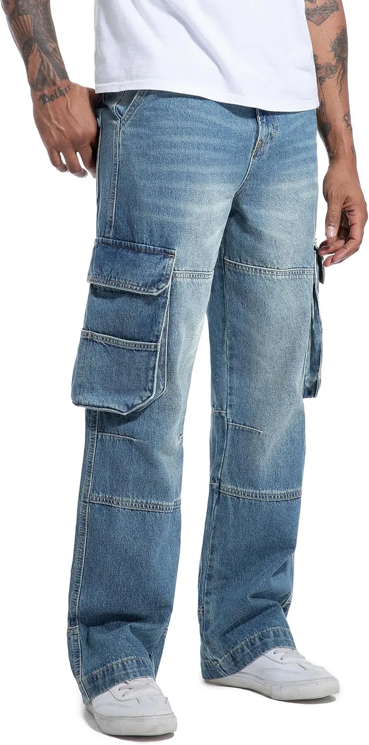 Men's Non-Stretch Loose Fit Wide-Leg Baggy Cargo Jeans Pants