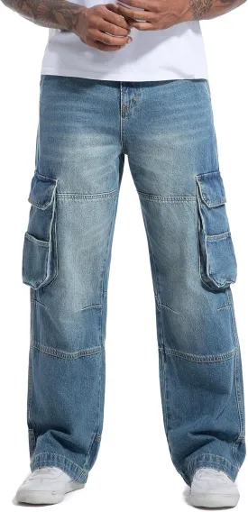 Men's Non-Stretch Loose Fit Wide-Leg Baggy Cargo Jeans Pants