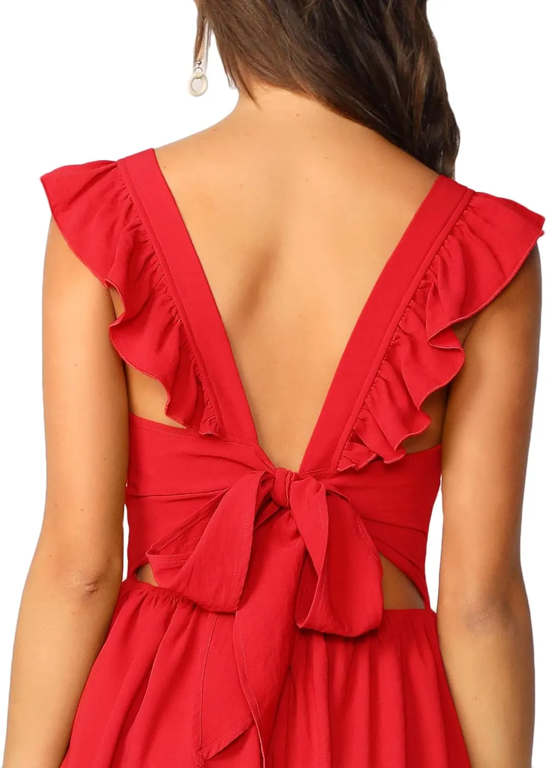 OYOANGLE Women's Tie Back Square Neck Ruffle Strap Sleeveless A Line Flare Flowy Summer Short Dress