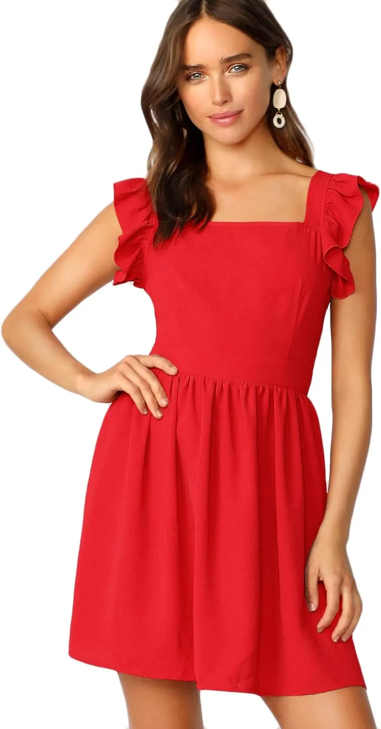 OYOANGLE Women's Tie Back Square Neck Ruffle Strap Sleeveless A Line Flare Flowy Summer Short Dress