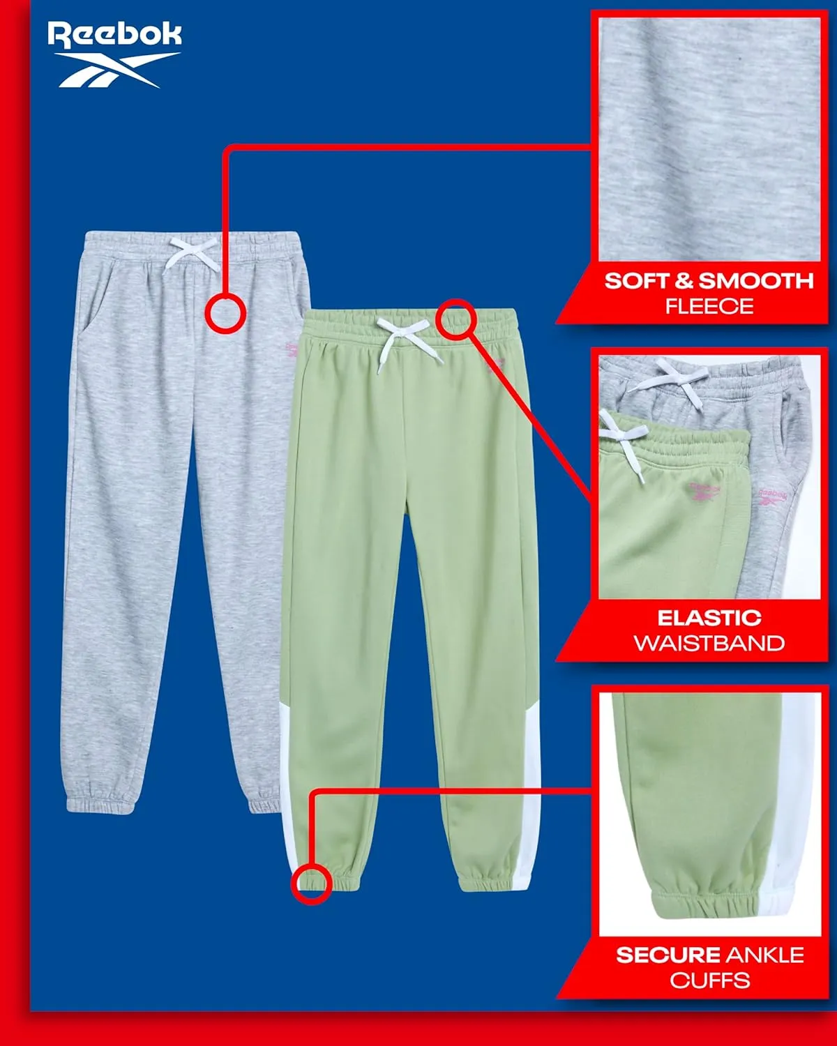Reebok Girls' Sweatpants - 2 Pack Active Pull On Fleece Joggers and Wide Leg Jogger Pants with Pockets (Sizes: 4-16)