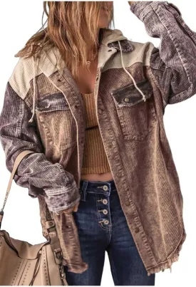 Ru Sweet Women's Corduroy Hooded Colorblock Long Sleeve Jacket Color Block Shirts Coat Outwear