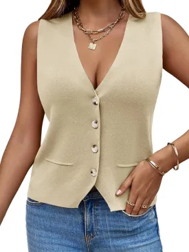 Saodimallsu Womens Sleeveless Sweater Vest Knit V Neck Button Fashion Casual Loose Spring Summer Waistcoat Cardigan