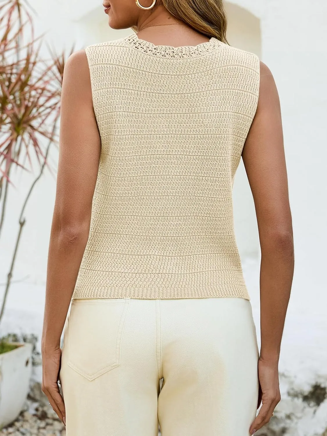 Saodimallsu Womens Sleeveless V Neck Sweater Vest Cropped Button Down Crochet Casual Loose Knit Summer Going Out Tops