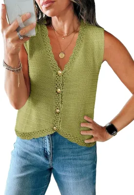 Saodimallsu Womens Sleeveless V Neck Sweater Vest Cropped Button Down Crochet Casual Loose Knit Summer Going Out Tops
