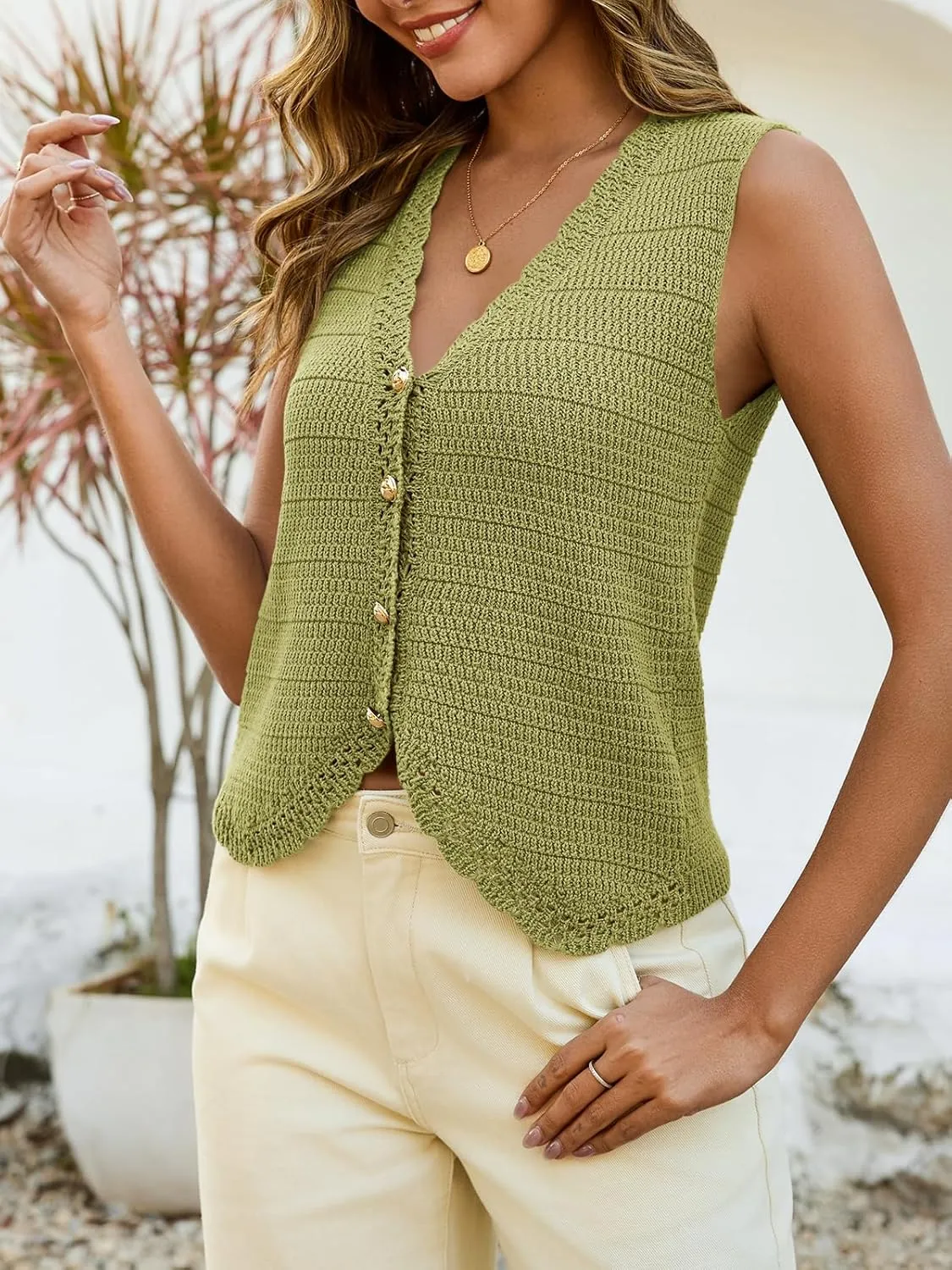Saodimallsu Womens Sleeveless V Neck Sweater Vest Cropped Button Down Crochet Casual Loose Knit Summer Going Out Tops