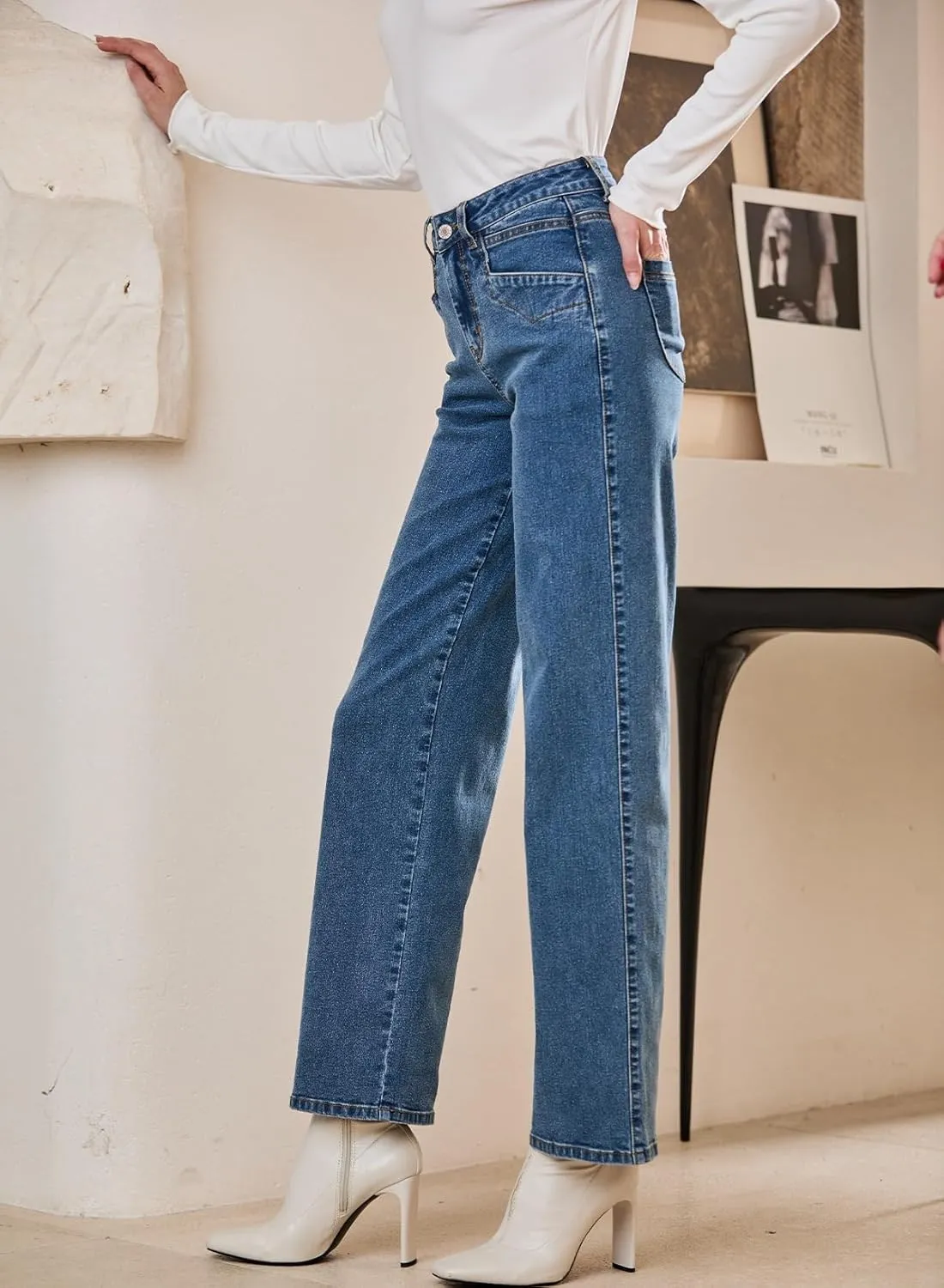 Sidefeel Women's Wide Leg Jeans High Waisted Stretchy Jeans Straight Leg Zimbaplatinum Ankle Denim Pants with Slant Pockets