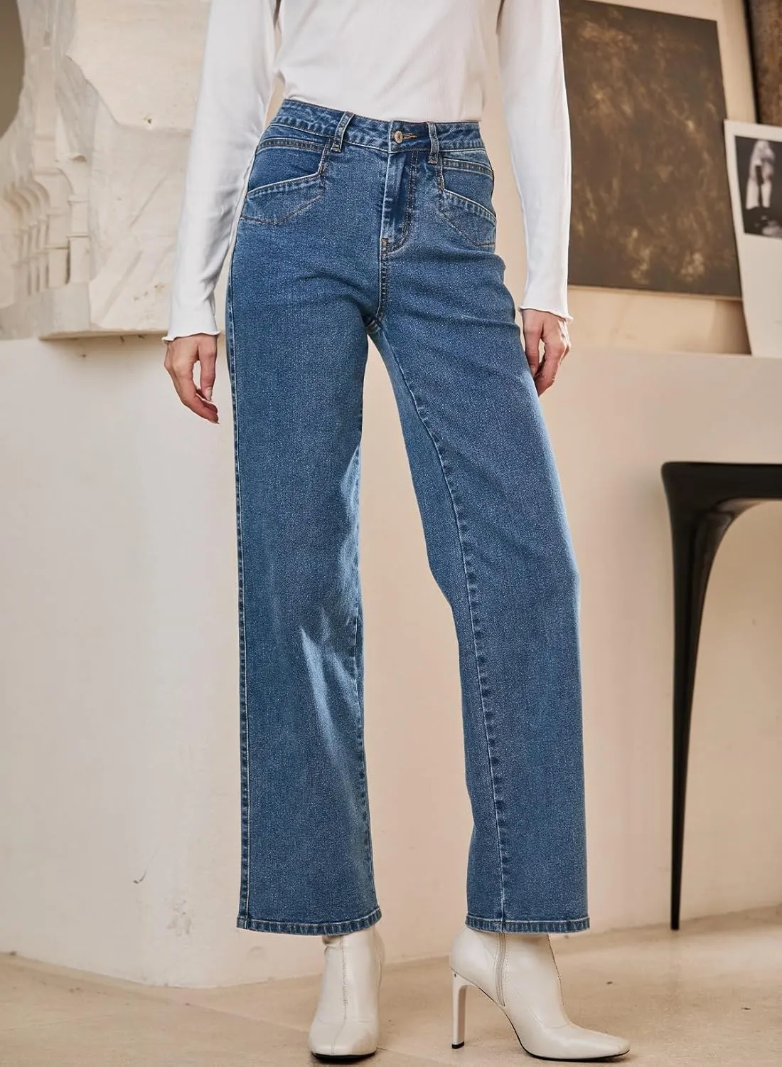 Sidefeel Women's Wide Leg Jeans High Waisted Stretchy Jeans Straight Leg Zimbaplatinum Ankle Denim Pants with Slant Pockets