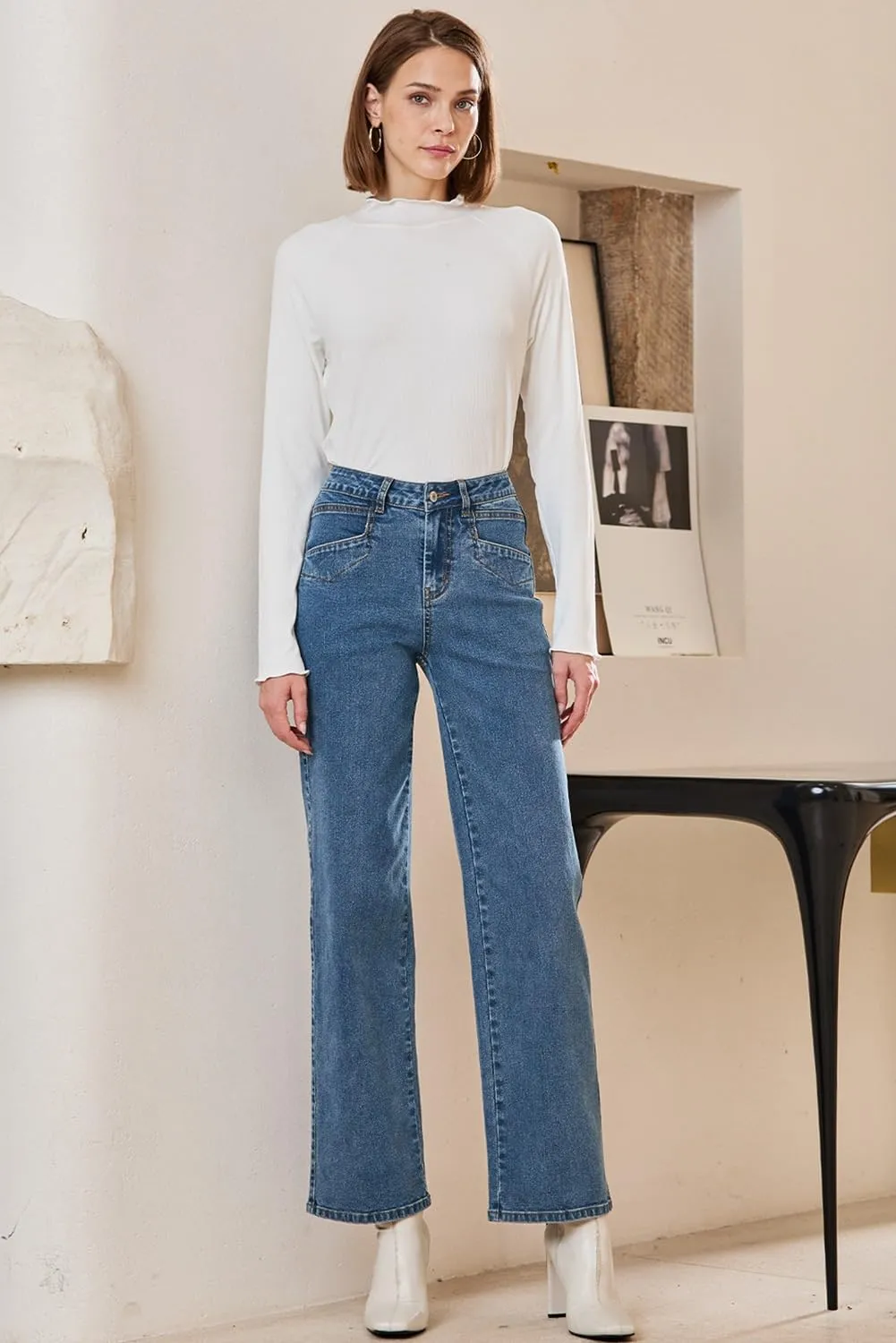 Sidefeel Women's Wide Leg Jeans High Waisted Stretchy Jeans Straight Leg Zimbaplatinum Ankle Denim Pants with Slant Pockets
