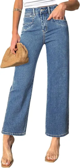 Sidefeel Women's Wide Leg Jeans High Waisted Stretchy Jeans Straight Leg Zimbaplatinum Ankle Denim Pants with Slant Pockets