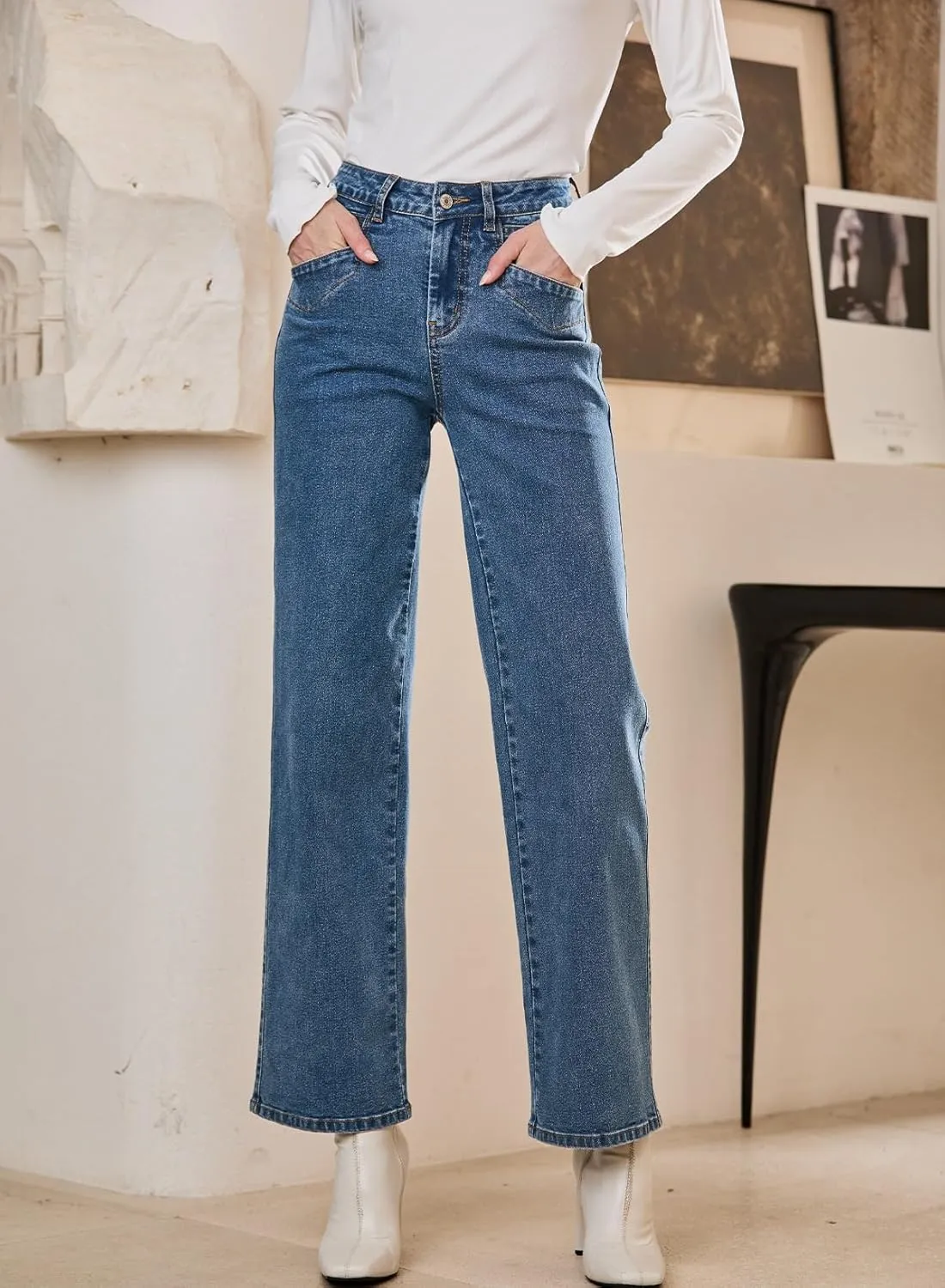 Sidefeel Women's Wide Leg Jeans High Waisted Stretchy Jeans Straight Leg Zimbaplatinum Ankle Denim Pants with Slant Pockets