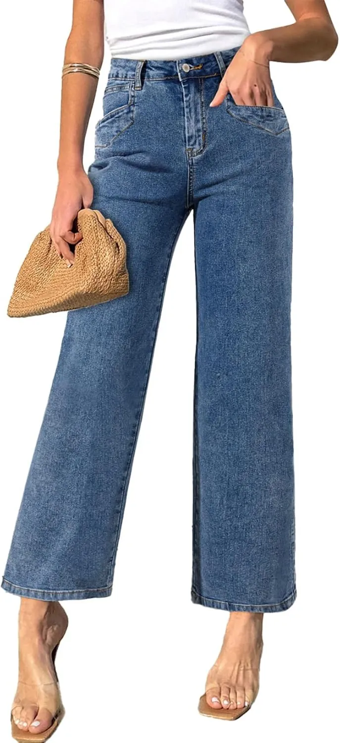 Sidefeel Women's Wide Leg Jeans High Waisted Stretchy Jeans Straight Leg Zimbaplatinum Ankle Denim Pants with Slant Pockets