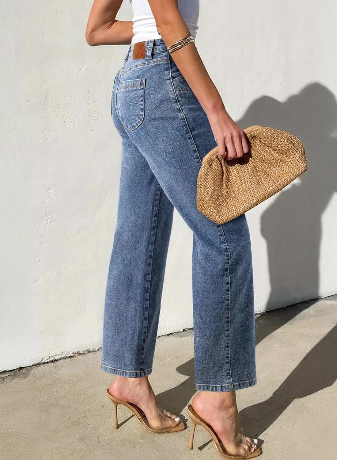 Sidefeel Women's Wide Leg Jeans High Waisted Stretchy Jeans Straight Leg Zimbaplatinum Ankle Denim Pants with Slant Pockets