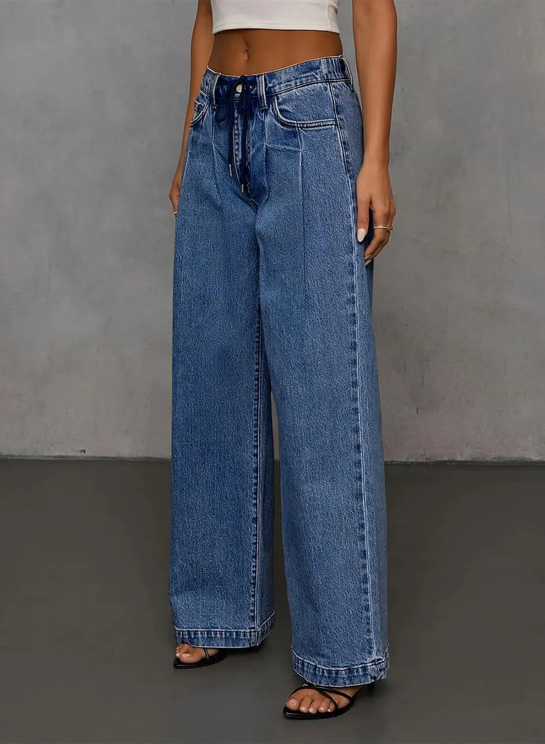 Sidefeel Women's Wide Leg Jeans High Waisted Stretchy Straight Baggy Drawstring Denim Pants