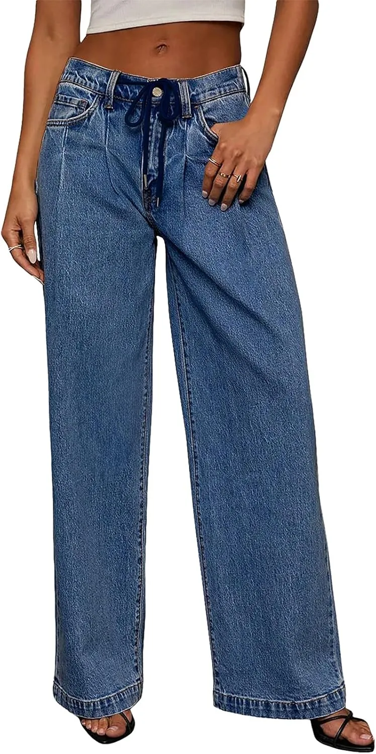 Sidefeel Women's Wide Leg Jeans High Waisted Stretchy Straight Baggy Drawstring Denim Pants