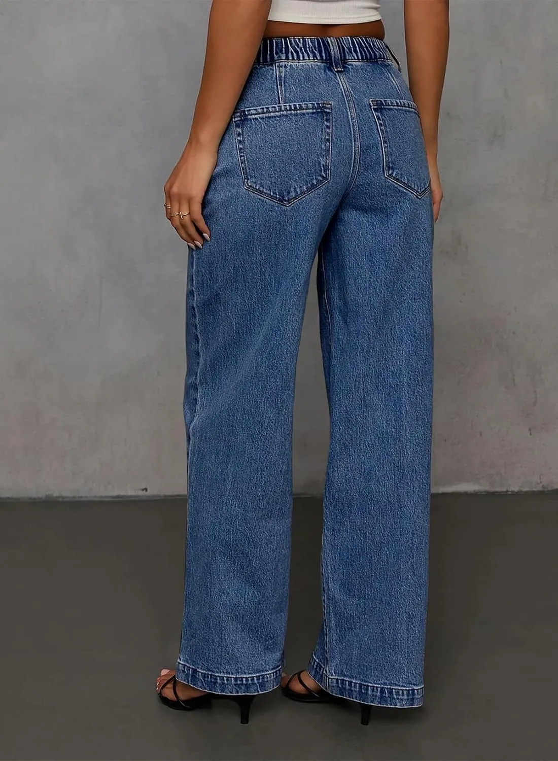 Sidefeel Women's Wide Leg Jeans High Waisted Stretchy Straight Baggy Drawstring Denim Pants