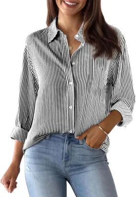 siliteelon Womens Button Down Shirts Cotton Striped Dress Shirt Long Sleeve Collared Office Work Blouses Tops