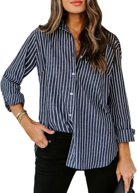 siliteelon Womens Button Down Shirts Cotton Striped Dress Shirt Long Sleeve Collared Office Work Blouses Tops