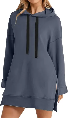 The Warmy Oversized Hoodie,Casual Oversized Hoodie Dress For Women Pullover Long Sweatshirt Split Hem With Pockets