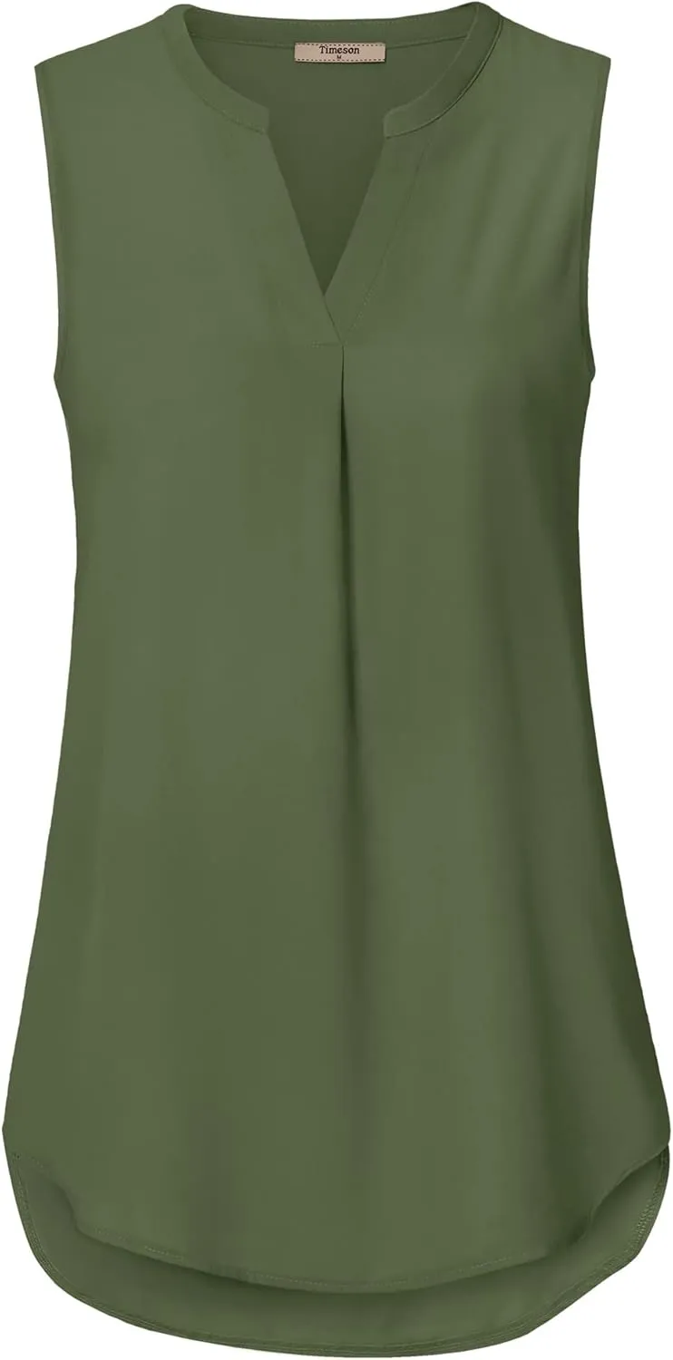 Timeson Women's Chiffon V Neck Sleeveless Blouse Tops Office Work Shirts