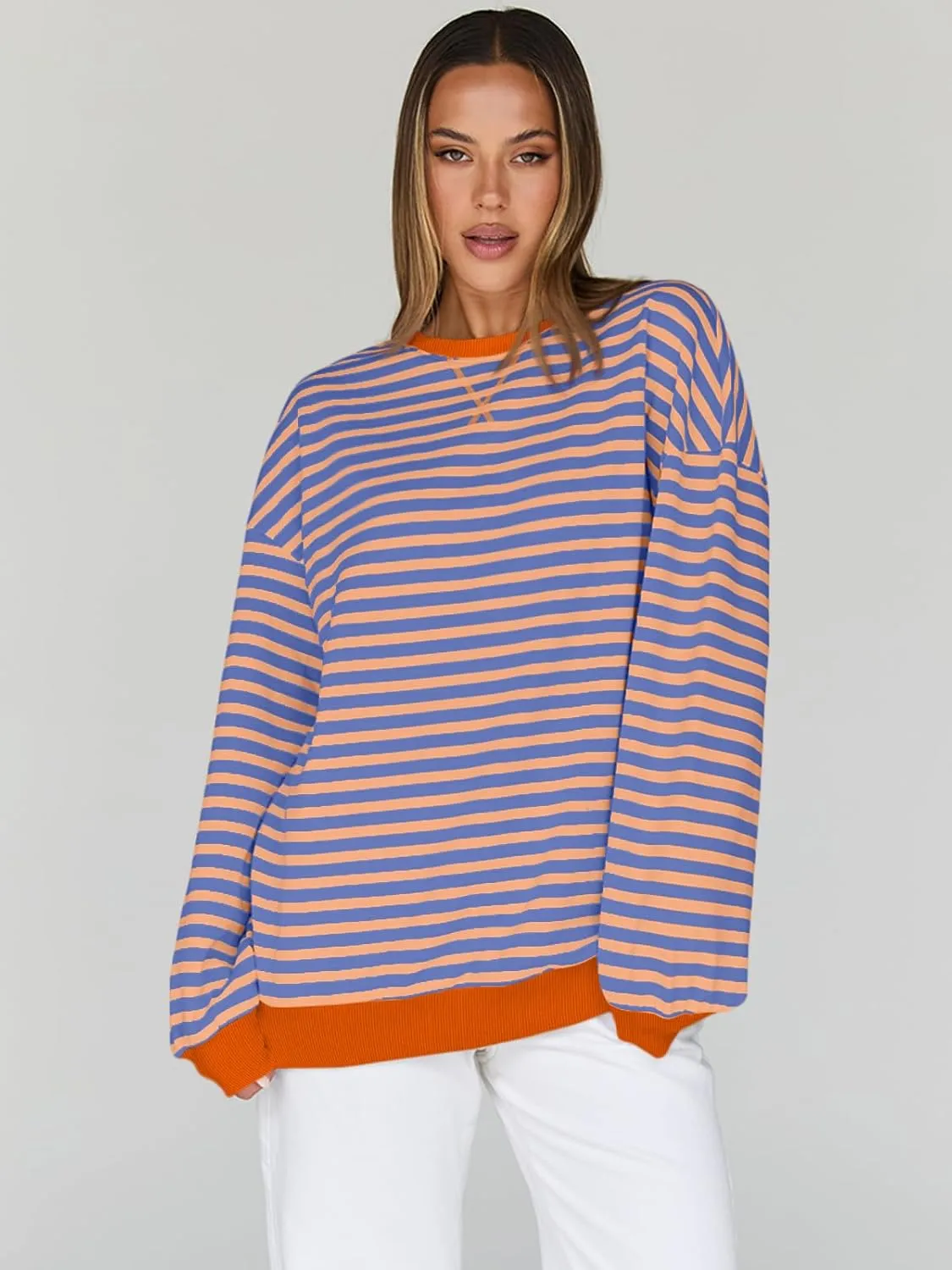 Trendy Queen Oversized Sweatshirt for Women 2025 Summer Crewneck Striped Long Sleeve Shirts Hoodies Cute Top Y2K Outfits