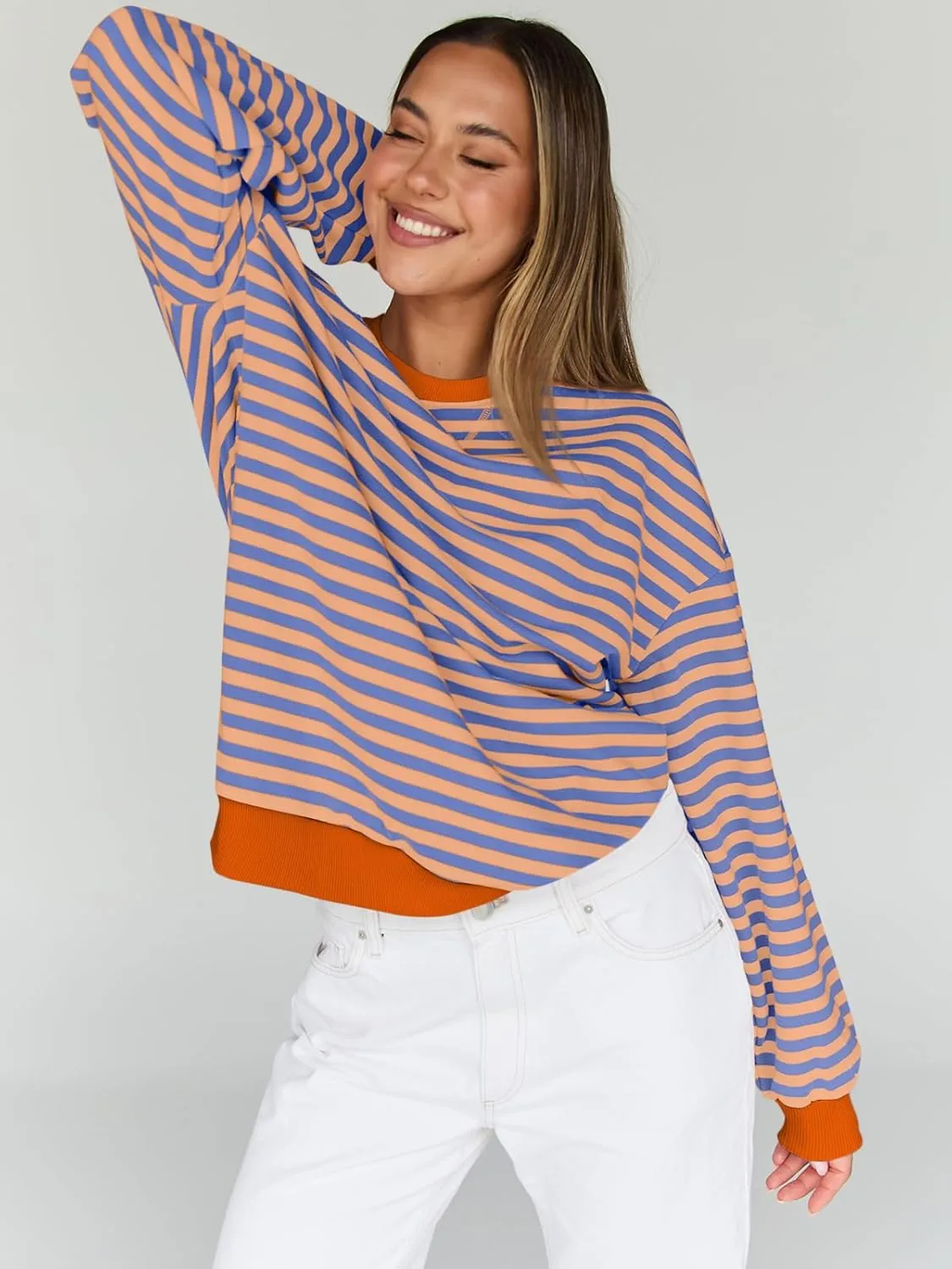 Trendy Queen Oversized Sweatshirt for Women 2025 Summer Crewneck Striped Long Sleeve Shirts Hoodies Cute Top Y2K Outfits