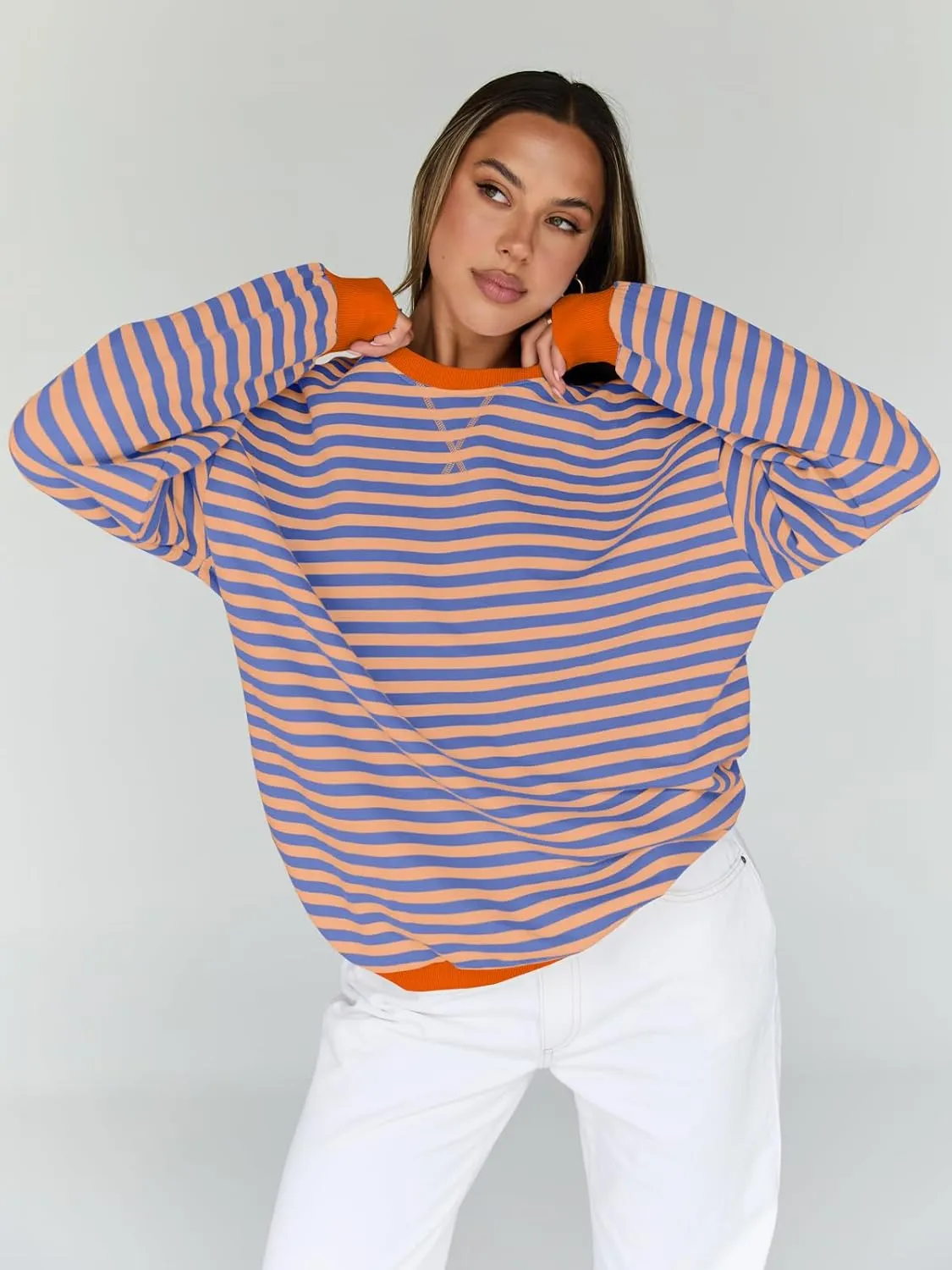 Trendy Queen Oversized Sweatshirt for Women 2025 Summer Crewneck Striped Long Sleeve Shirts Hoodies Cute Top Y2K Outfits