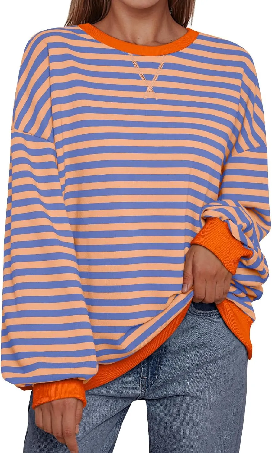 Trendy Queen Oversized Sweatshirt for Women 2025 Summer Crewneck Striped Long Sleeve Shirts Hoodies Cute Top Y2K Outfits