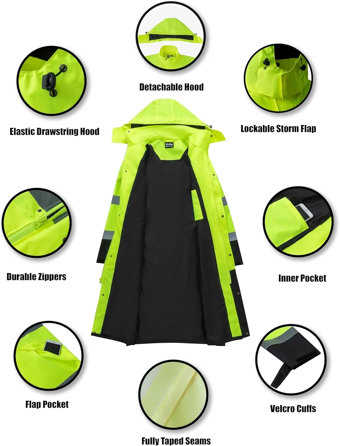 Ubon Men's Hi Vis Long Raincoat Waterproof Reflective Safety Rain Jacket High Visibility with Detachable Hood