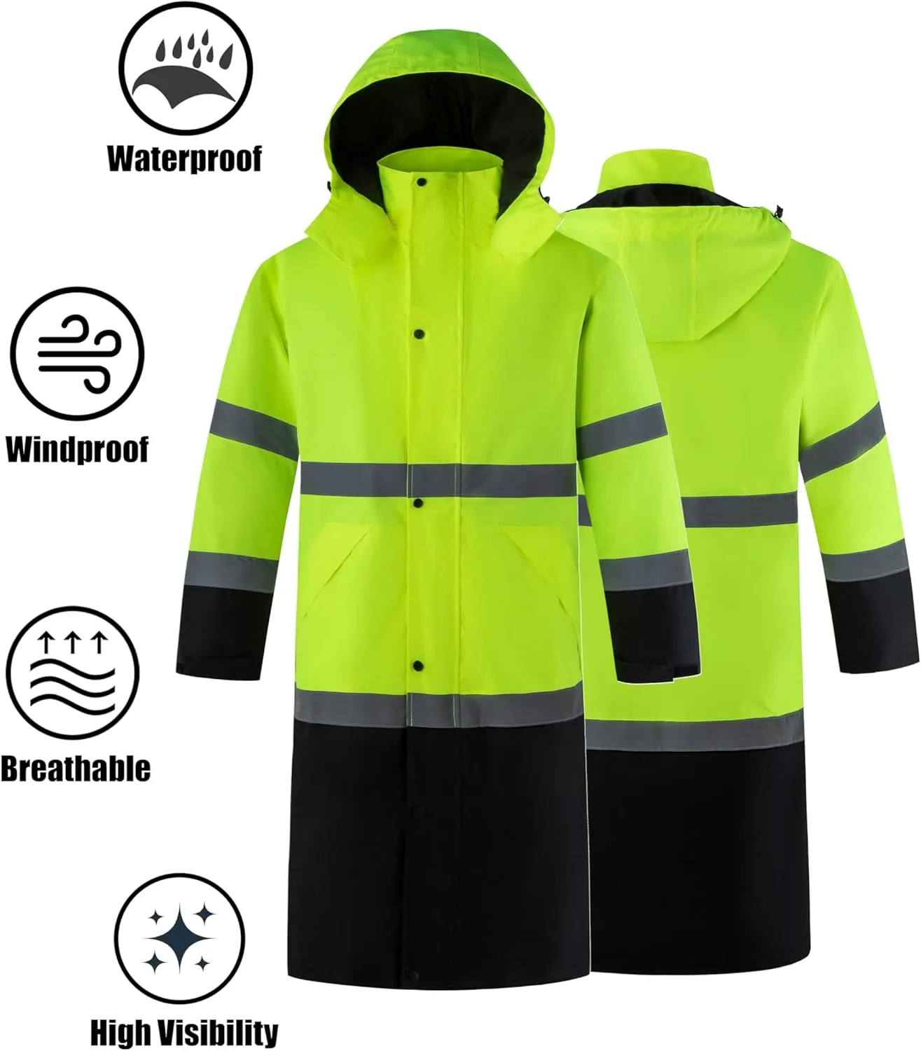 Ubon Men's Hi Vis Long Raincoat Waterproof Reflective Safety Rain Jacket High Visibility with Detachable Hood