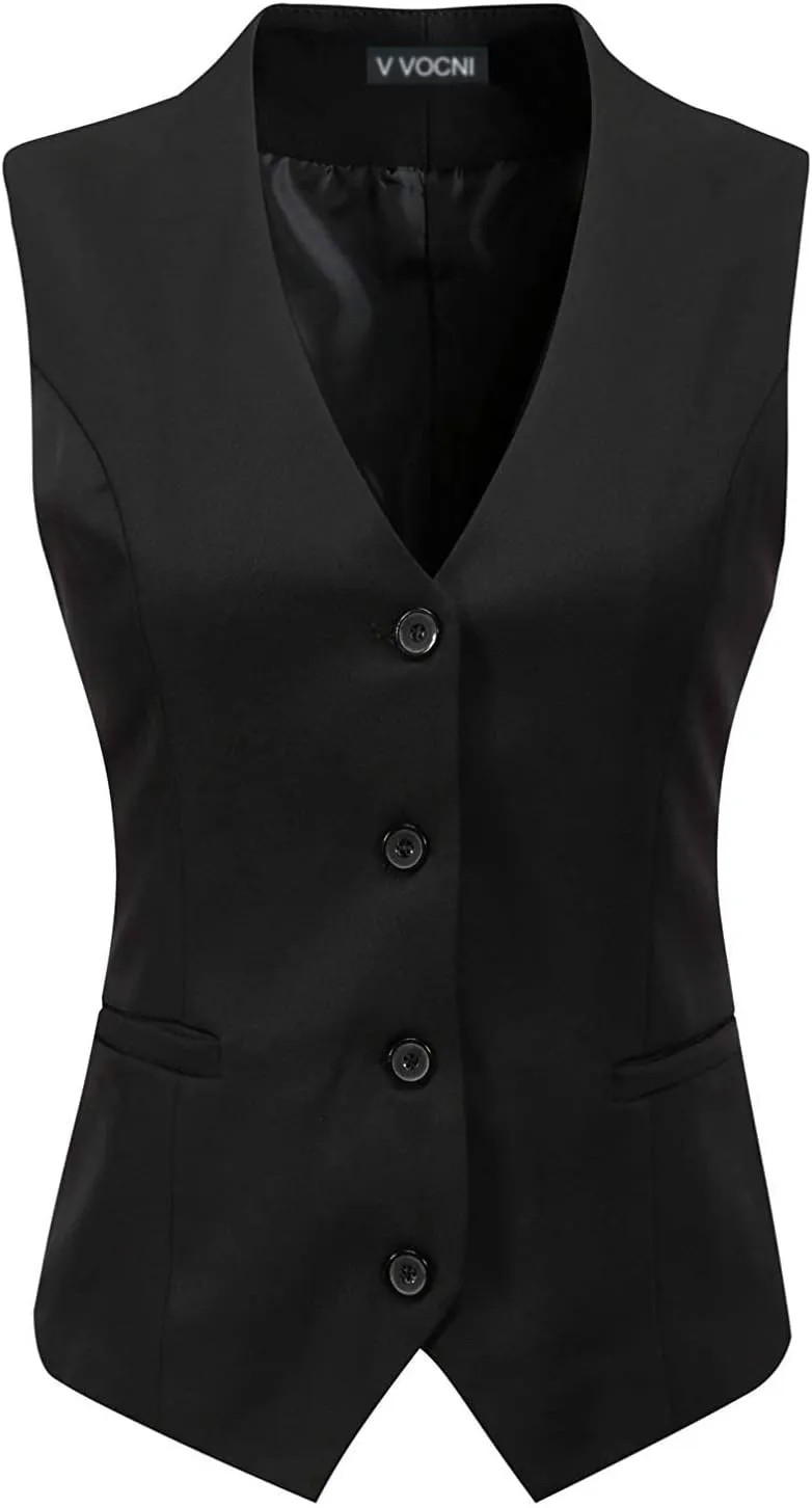 V VOCNI Women's Fully Lined 4 Button V-Neck Economy Dressy Suit Vest Waistcoat