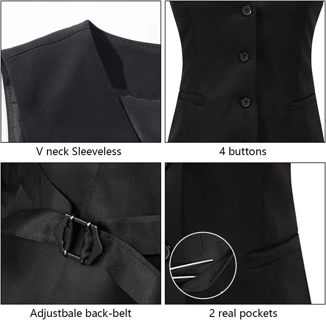 V VOCNI Women's Fully Lined 4 Button V-Neck Economy Dressy Suit Vest Waistcoat