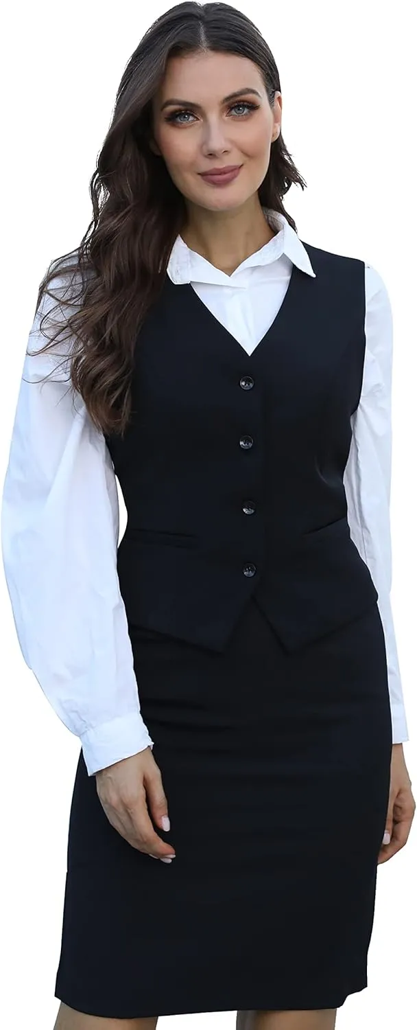 V VOCNI Women's Fully Lined 4 Button V-Neck Economy Dressy Suit Vest Waistcoat