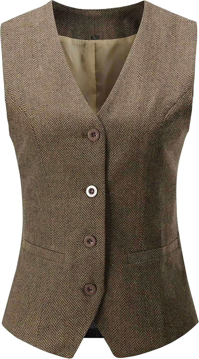 V VOCNI Women's Fully Lined 4 Button V-Neck Economy Dressy Suit Vest Waistcoat