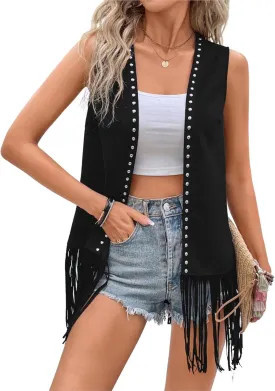 Verdusa Women's Fringe Vest Cardigan 70s Hippie Rivets Tassel Sleeveless Studded Jacket