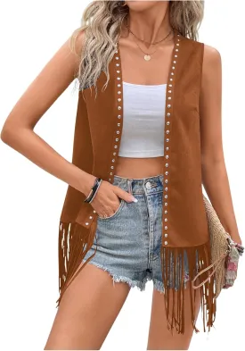 Verdusa Women's Fringe Vest Cardigan 70s Hippie Rivets Tassel Sleeveless Studded Jacket