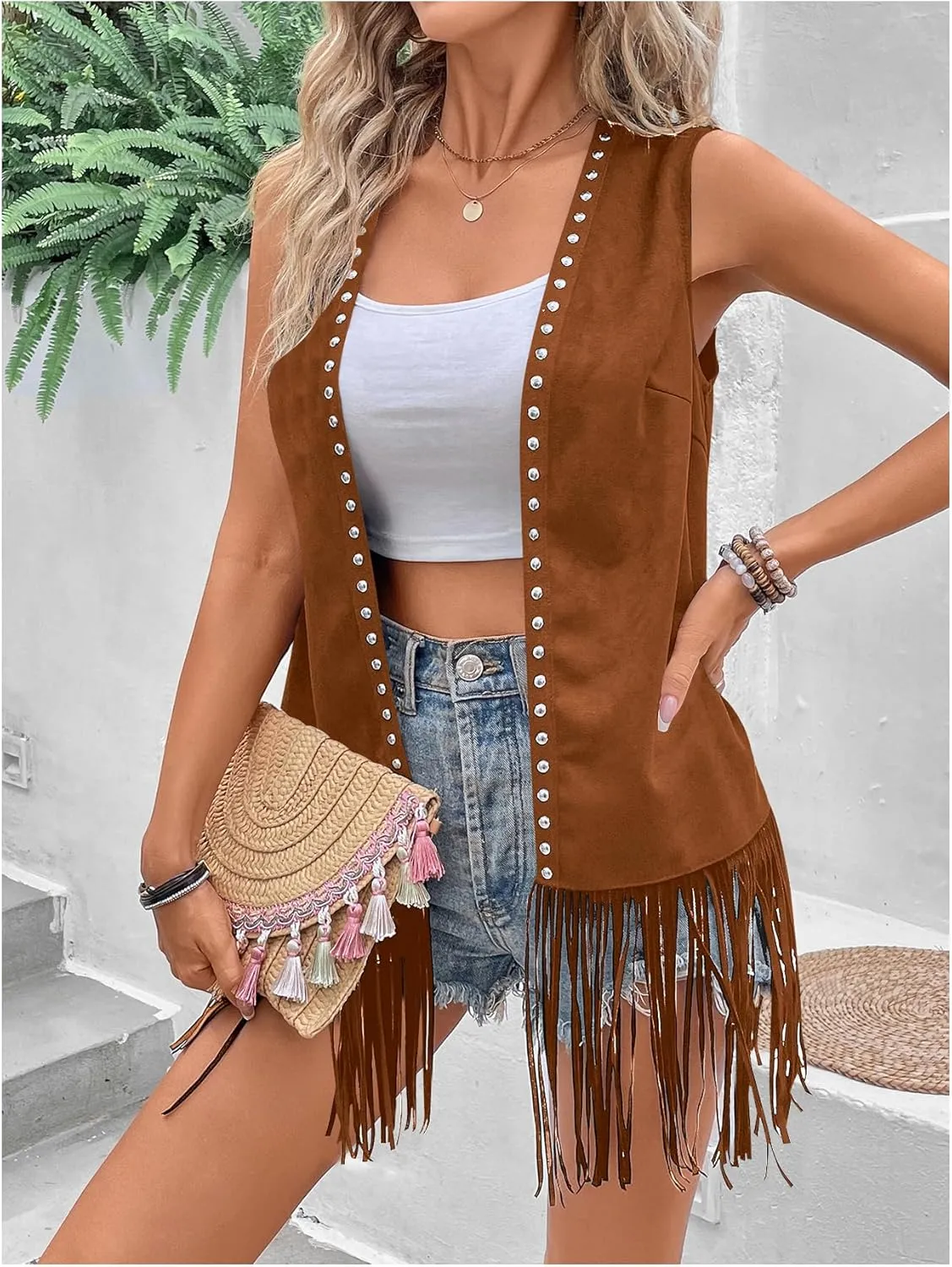 Verdusa Women's Fringe Vest Cardigan 70s Hippie Rivets Tassel Sleeveless Studded Jacket