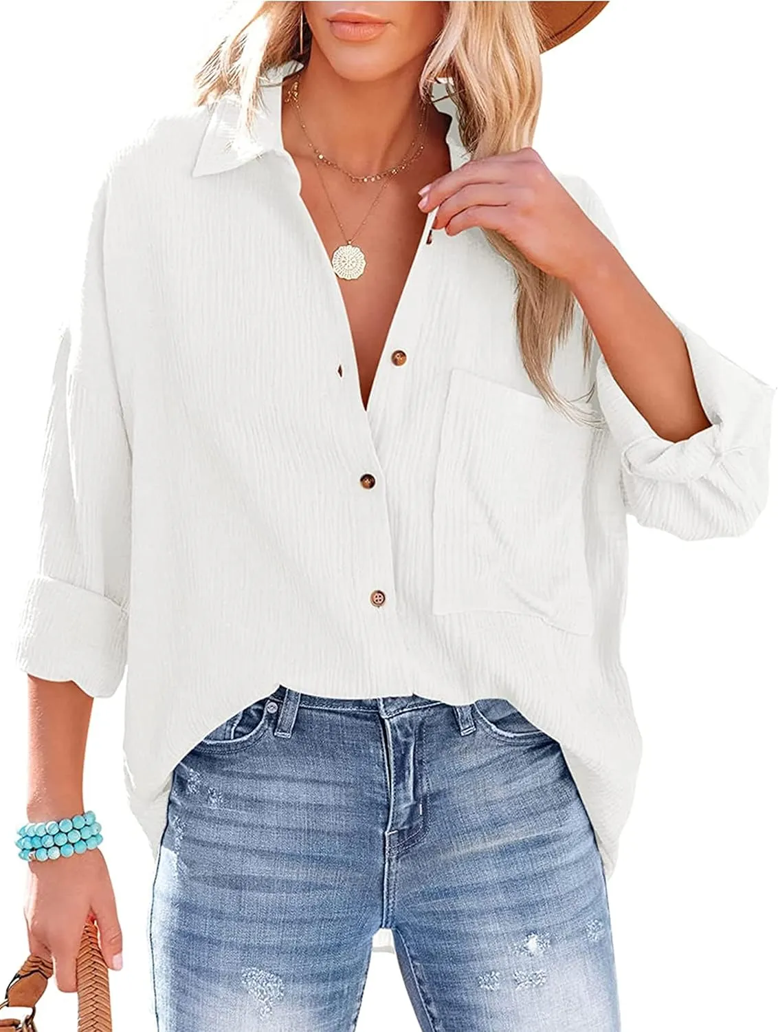 Wanzetaly Women's Button Down Shirts Cotton Oversized Dress Shirts Work Blouses Casual Tops with Pocket