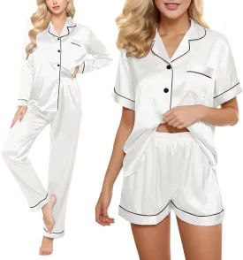 Women Satin Pajamas 4pcs Sleepwear Set Luxury Pants Shorts Button Short Long Sleeve Shirt Sets Soft Loungewear Suit
