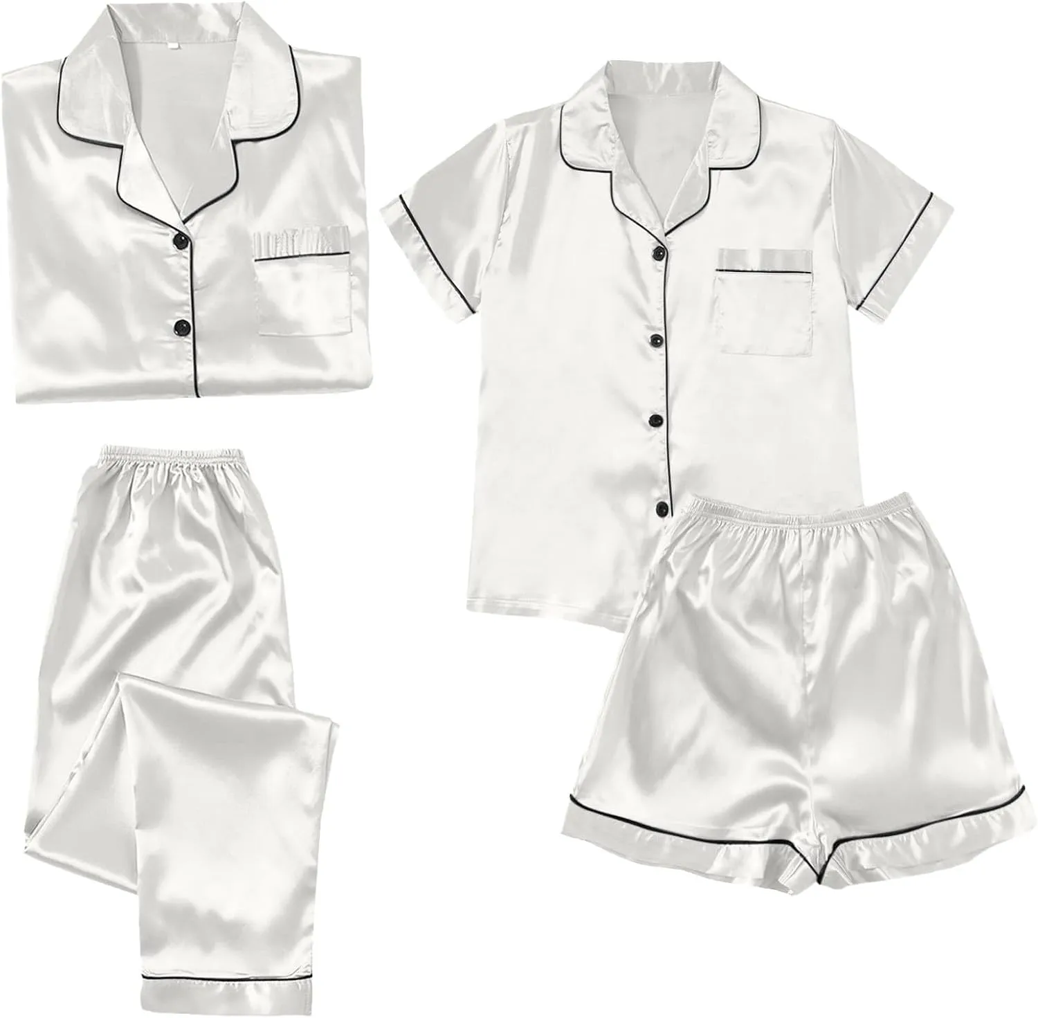 Women Satin Pajamas 4pcs Sleepwear Set Luxury Pants Shorts Button Short Long Sleeve Shirt Sets Soft Loungewear Suit