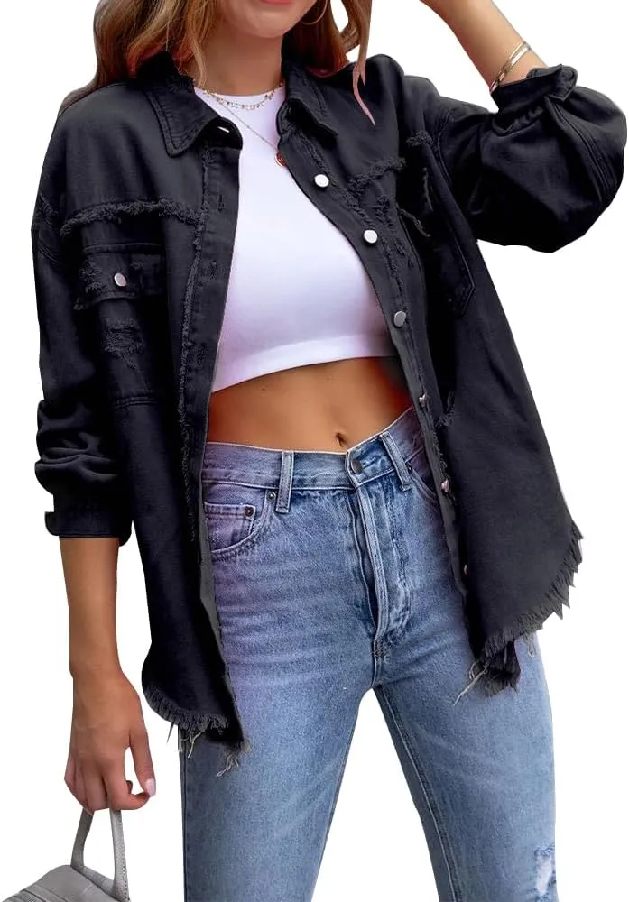 Women's Button Down Oversized Denim Jackets Ripped Frayed Shacket Jean Coat Distressed Shirts with Pockets