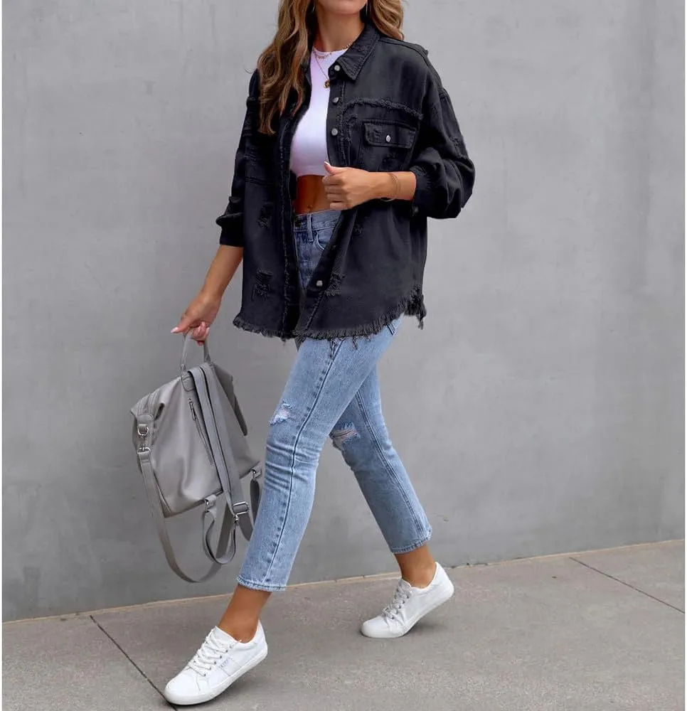 Women's Button Down Oversized Denim Jackets Ripped Frayed Shacket Jean Coat Distressed Shirts with Pockets