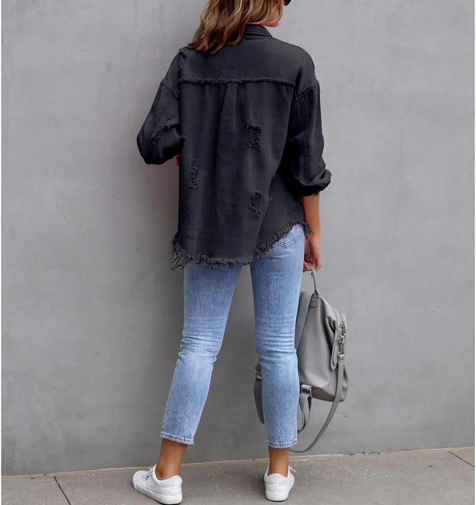 Women's Button Down Oversized Denim Jackets Ripped Frayed Shacket Jean Coat Distressed Shirts with Pockets