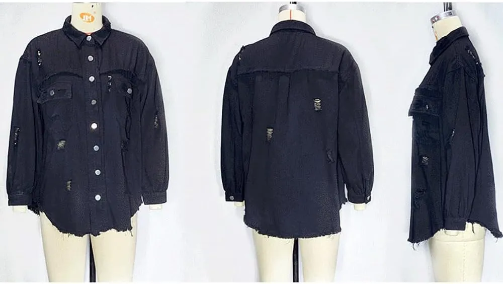 Women's Button Down Oversized Denim Jackets Ripped Frayed Shacket Jean Coat Distressed Shirts with Pockets