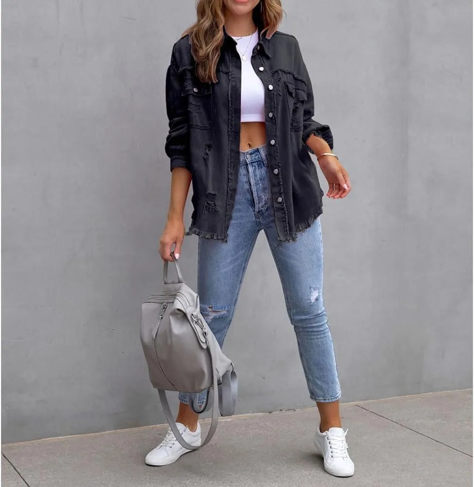 Women's Button Down Oversized Denim Jackets Ripped Frayed Shacket Jean Coat Distressed Shirts with Pockets