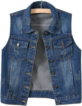 Women's Casual Denim Waistcoat Slim Fit Frayed Sleeveless Jacket Ripped Tops with Pockets